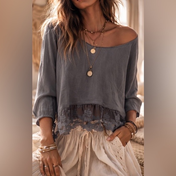 Tempo Paris Tops - Tempo Paris Lag & Look Charcoal Lace Bottom Romantic Victorian Blouse Top Boho